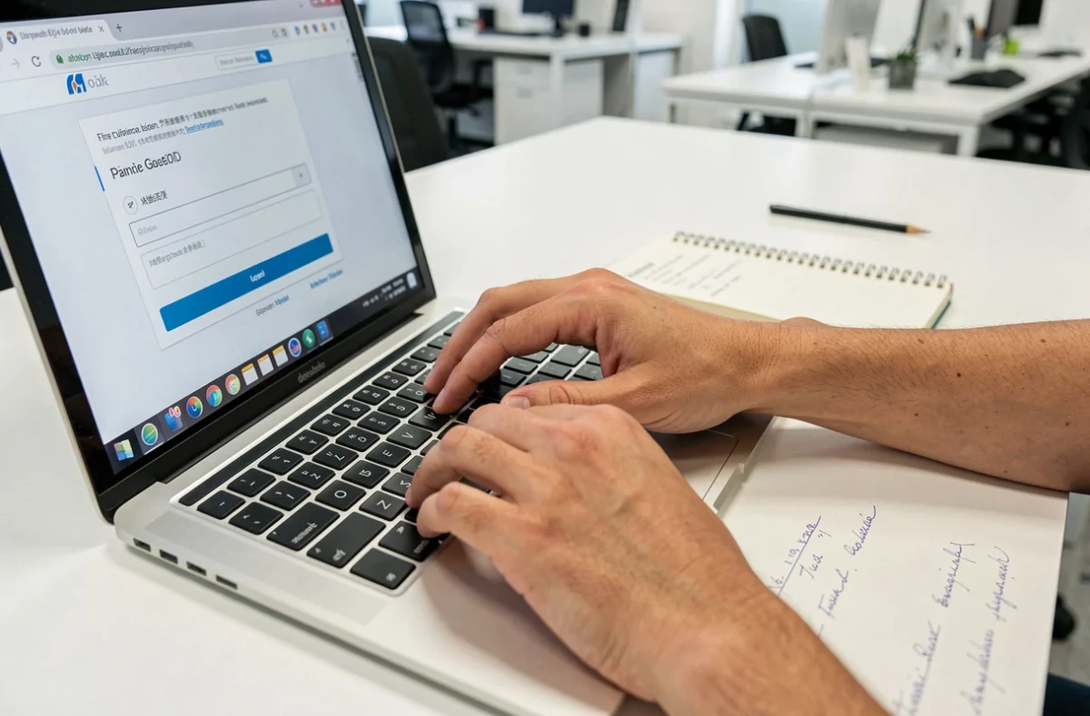 Mains tapant un mot de passe sécurisé pour accéder à un compte Orchestra sur un ordinateur portable
