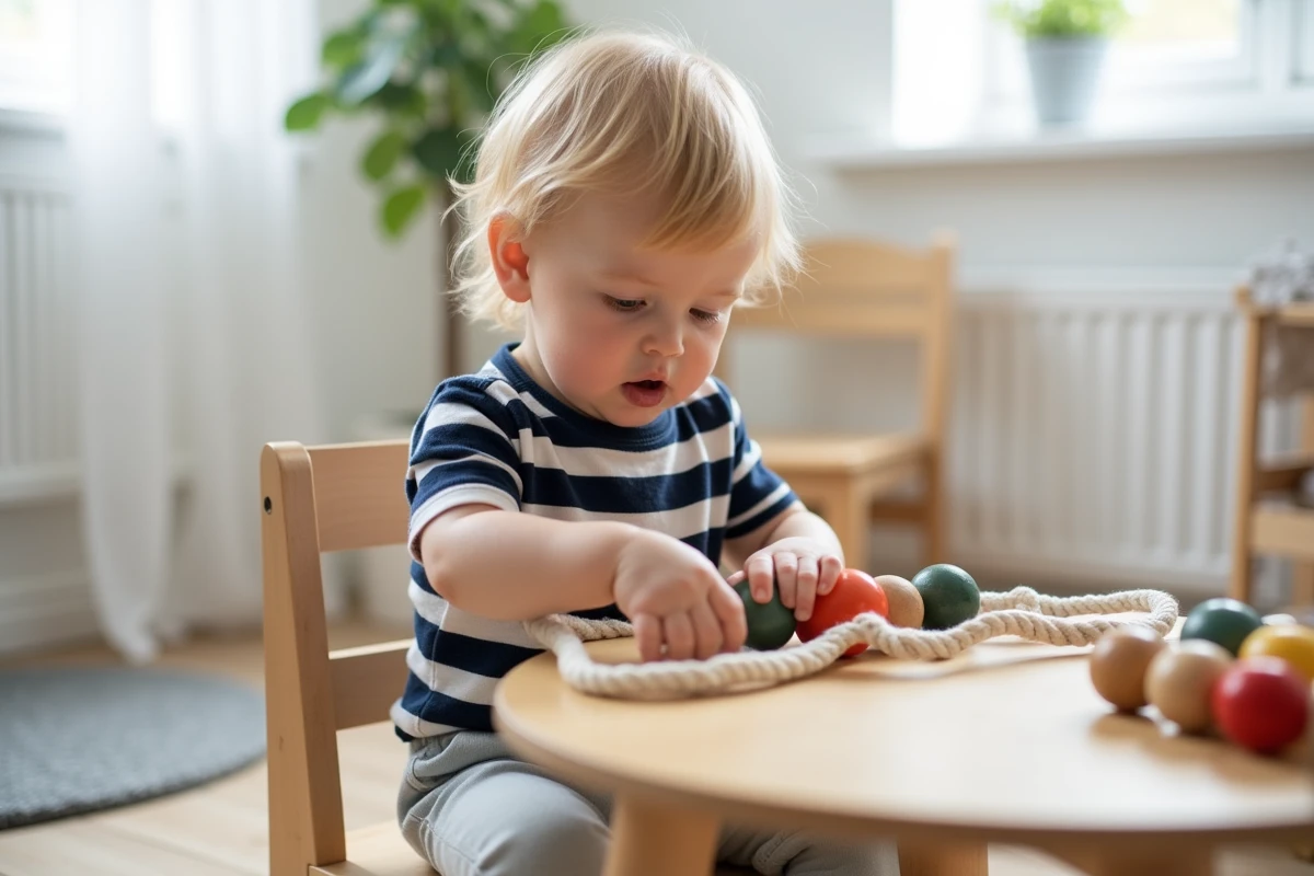 Tout-petit de 2 ans enfilant des perles en bois colorées pour exercer sa motricité fine et la coordination main-œil
