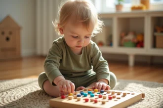 Enfant de 2 ans en train de développer sa motricité fine en enfilant des chevilles en bois colorées sur un tableau de jeu