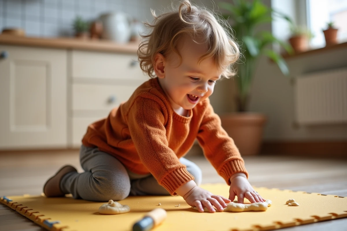 Enfant de 2 ans pétrissant de la pâte à modeler maison pour renforcer les muscles des doigts et stimuler la motricité fine
