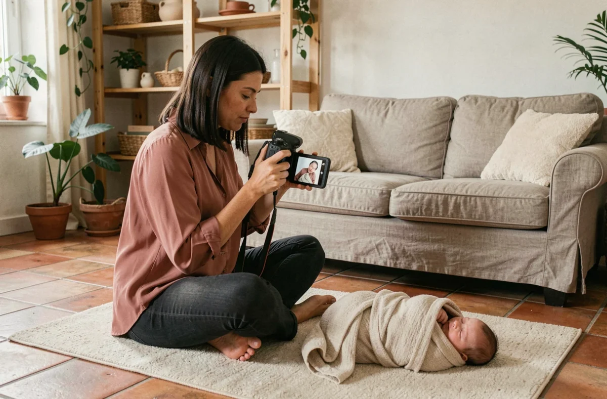 Nada Photo réalisant une séance nouveau-né dans un intérieur familial chaleureux et naturel