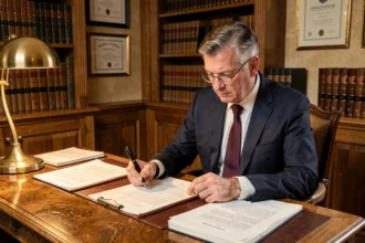 Notaire examinant un testament olographe dans son étude, entouré de documents juridiques officiels et de livres de droit