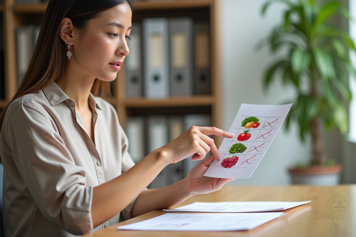 Nutritionniste pointant un légume sur un tableau dans son bureau