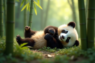 Jeune panda jouant dans la forêt de bambous verte