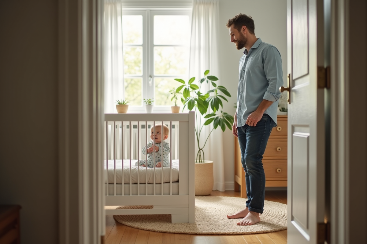 Père écoutant son bébé dans un lit moderne en lumière naturelle