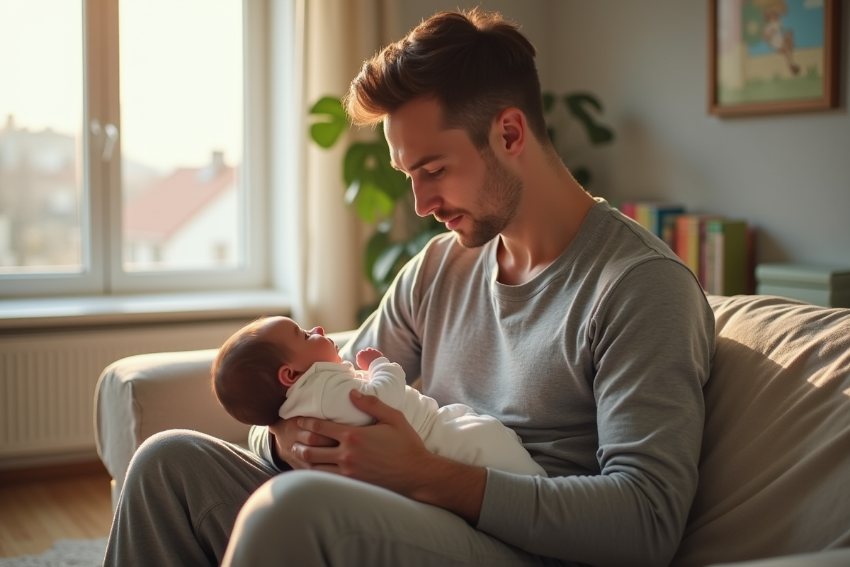 Père tenant son bébé après une tétée dans le salon lumineux
