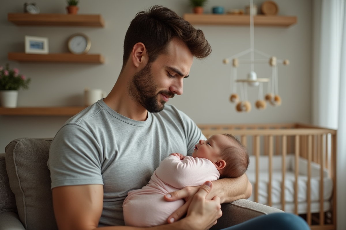 Père tenant son bébé dans une nurserie chaleureuse à la maison