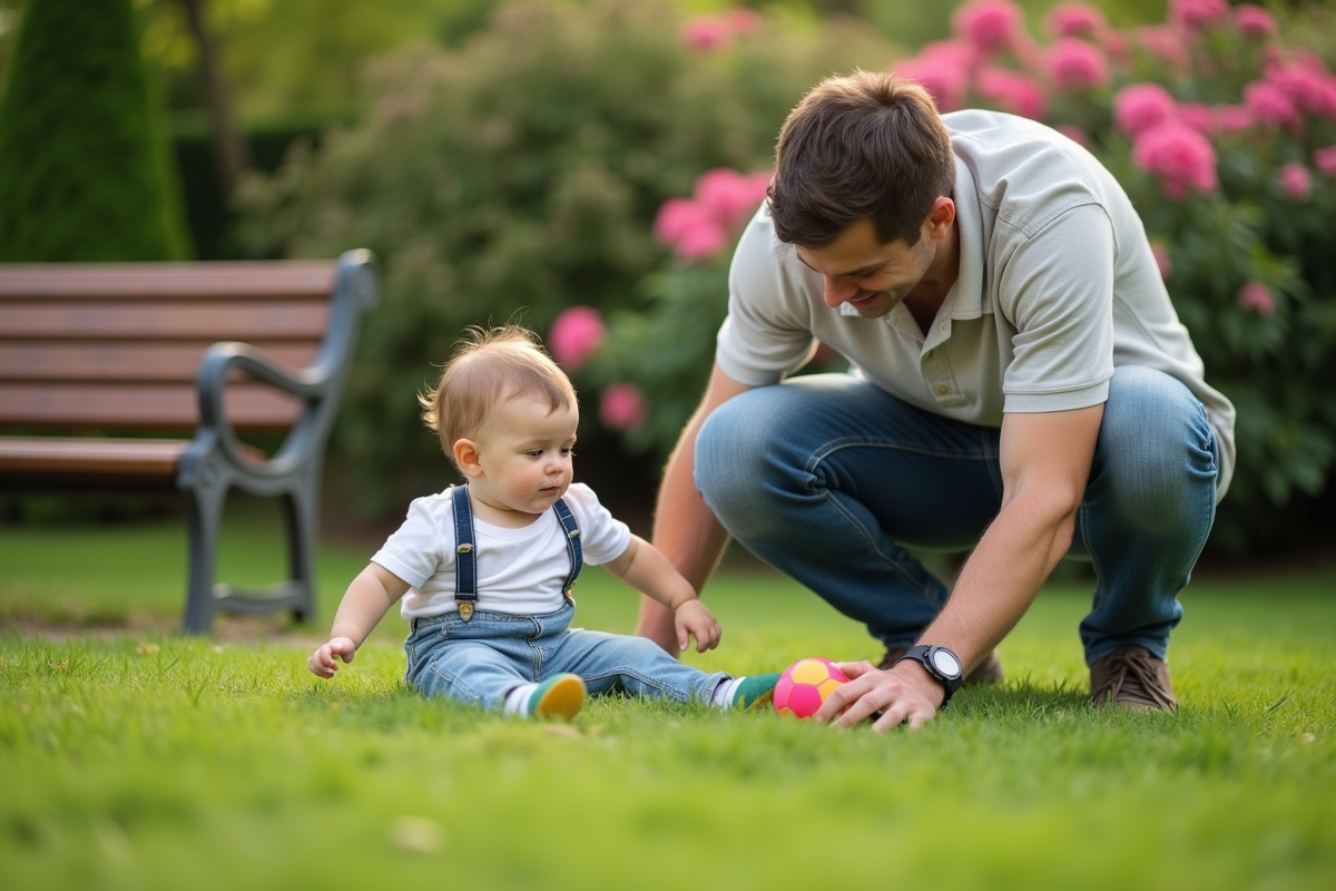 Père jouant avec son bébé de 15 mois dans un parc verdoyant