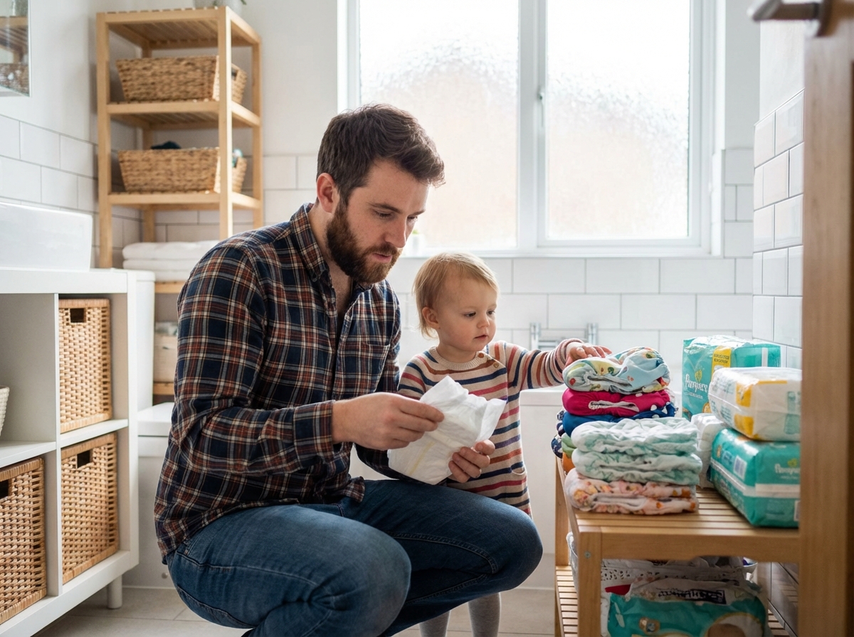 Papa examinant des couches avec sa fille dans la salle de bain