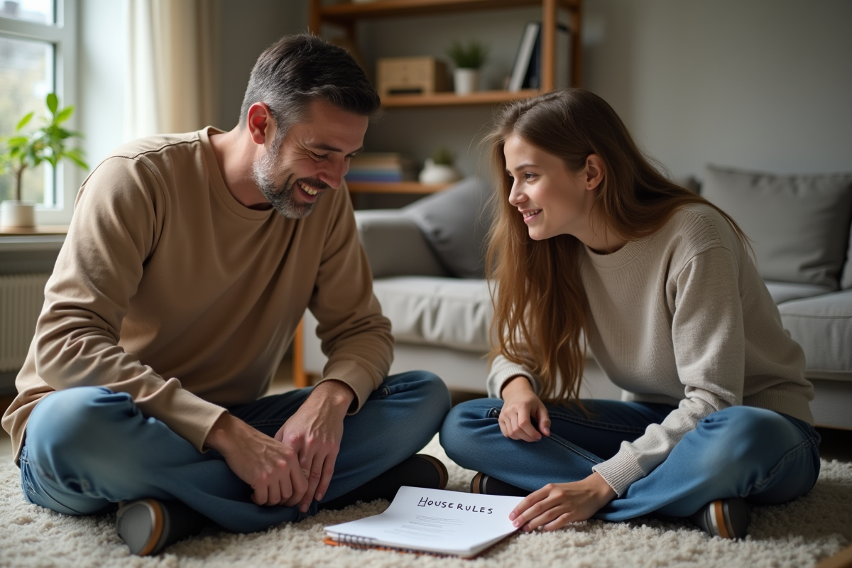 Père et fille discutant des règles de la maison dans le salon