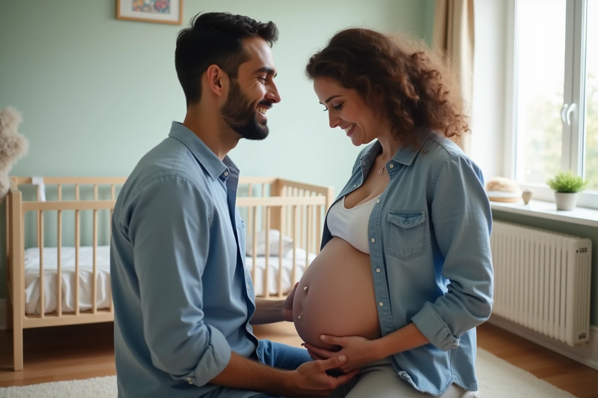 Pere expectant écoute le ventre de sa partenaire dans une nurserie