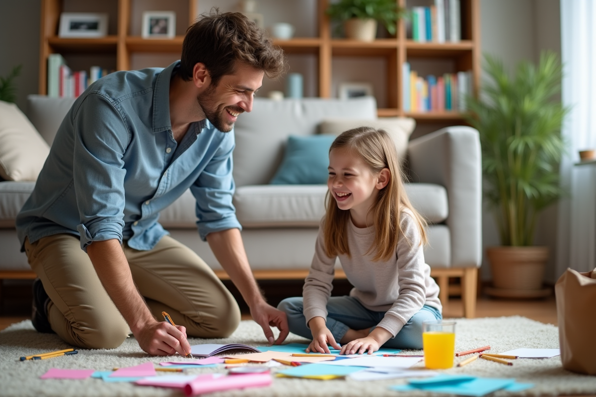 Père et fils créant un projet scolaire avec des papiers colorés