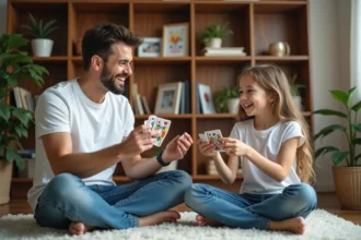 Père et fille souriants jouant avec des cartes dans le salon