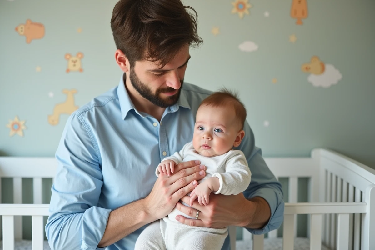 Pere tenant son bebe dans une nurserie douce