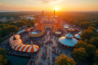 Vue aérienne d un parc d attractions européen au coucher du soleil avec montagnes russes et visiteurs