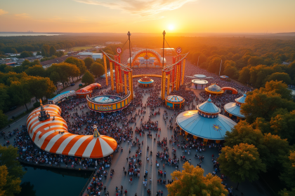 Vue aérienne d un parc d attractions européen au coucher du soleil avec montagnes russes et visiteurs