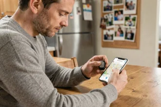 Parent comparant un traceur GPS enfant sur smartphone à la maison pour choisir le meilleur modèle sans abonnement