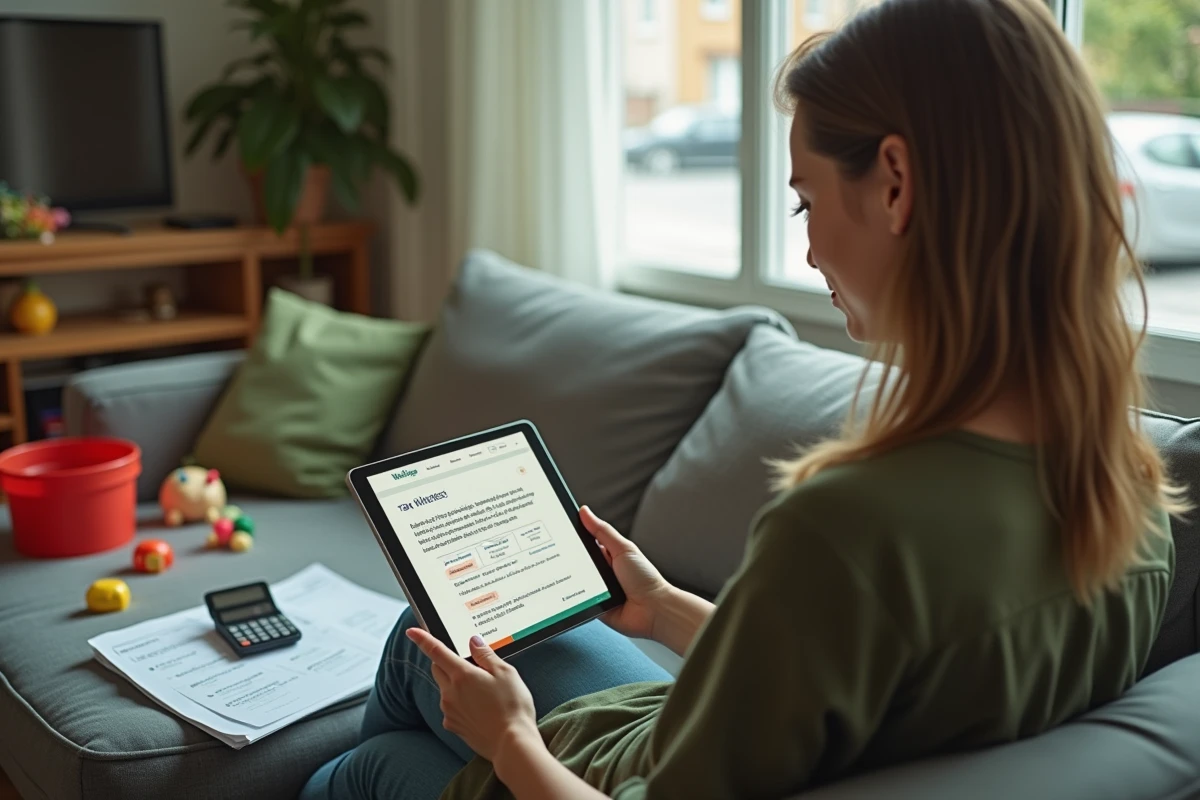 Parent isolé utilisant une tablette pour simuler ses impôts depuis son salon, entouré de documents fiscaux imprimés