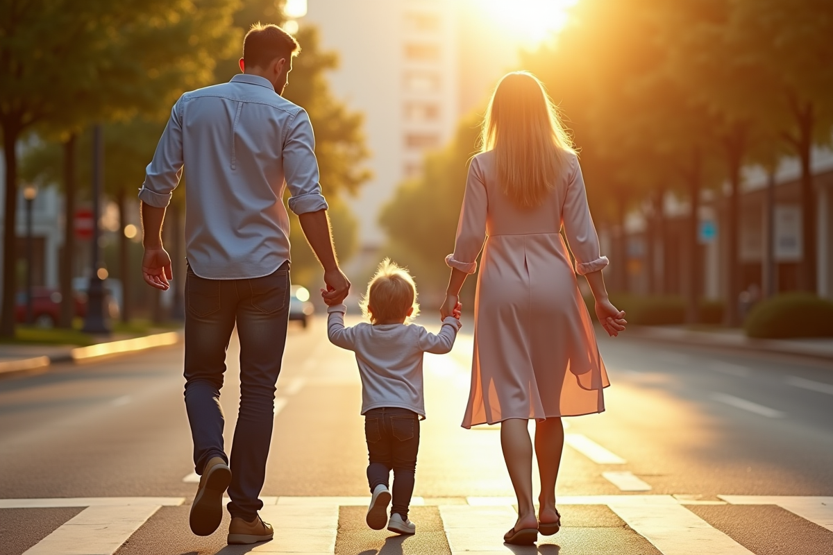 Parents guidant leur enfant dans la rue en toute sécurité