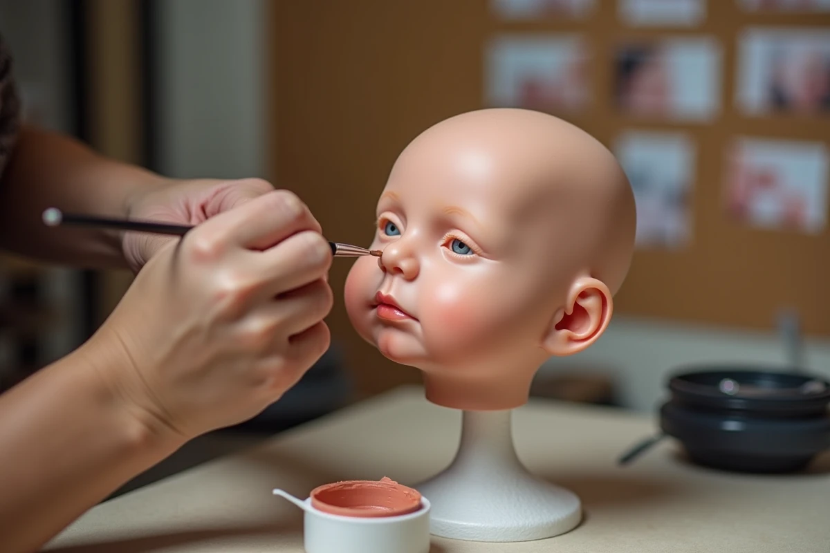 Artiste peignant les détails du visage d'une poupée reborne en silicone non peinte dans un studio d'artisan