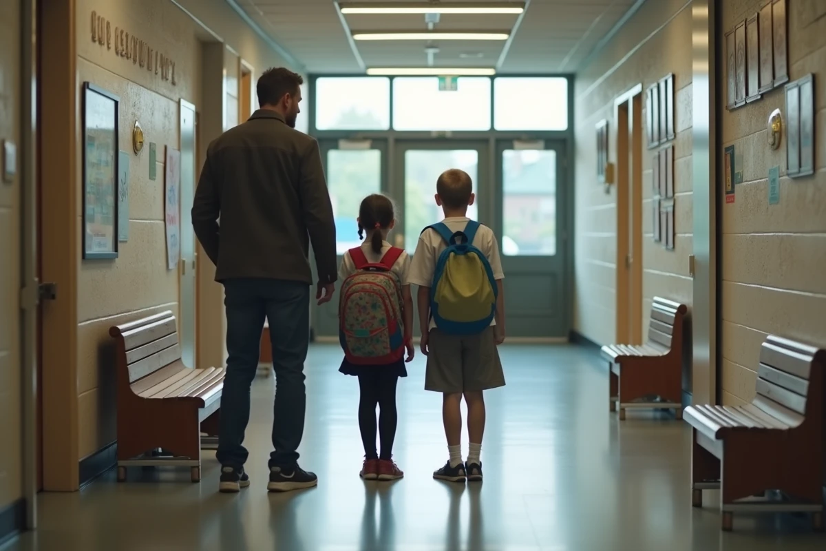 Père et fille regardant un panneau d information dans le couloir