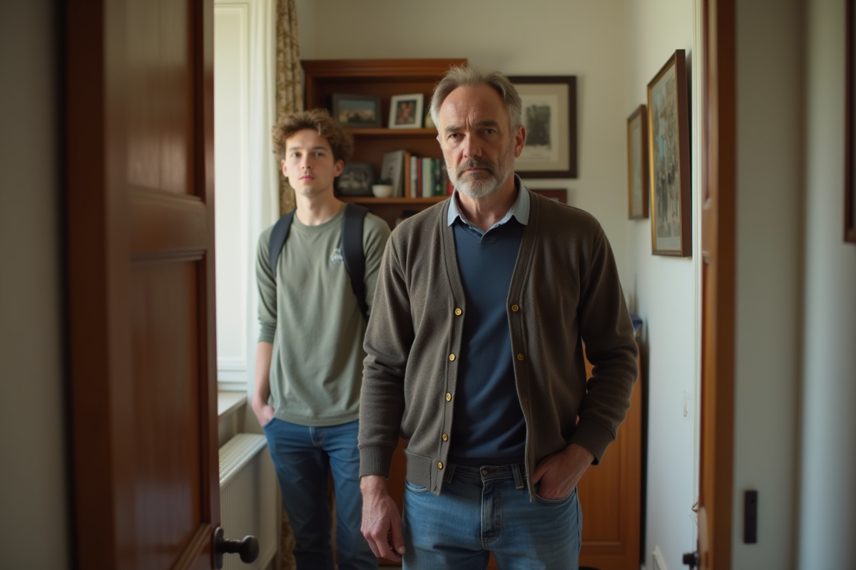 Père français sérieux devant la porte d'entrée