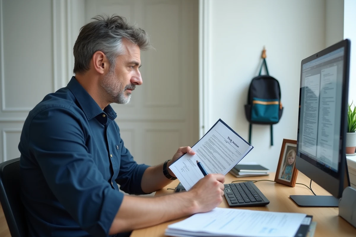 Père isolé travaillant sur sa déclaration d'impôts devant un ordinateur dans un bureau à domicile épuré