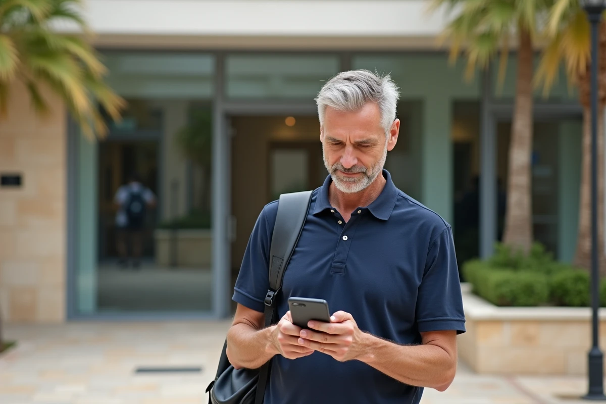 Père de famille consultant le portail familles de Toulon sur son smartphone devant un bâtiment municipal