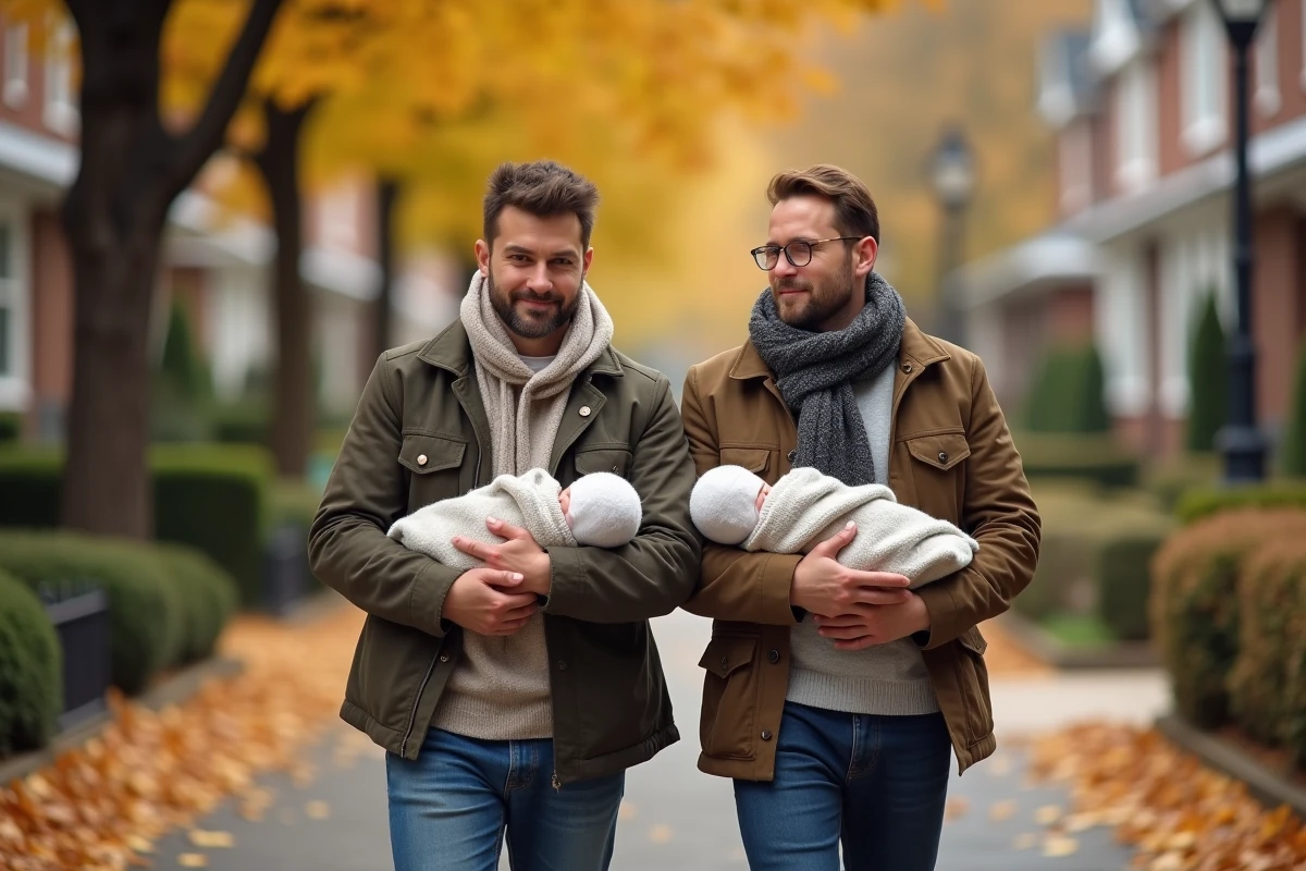 Couple de deux pères se promenant en automne avec leurs nourrissons emmaillotés dans les bras
