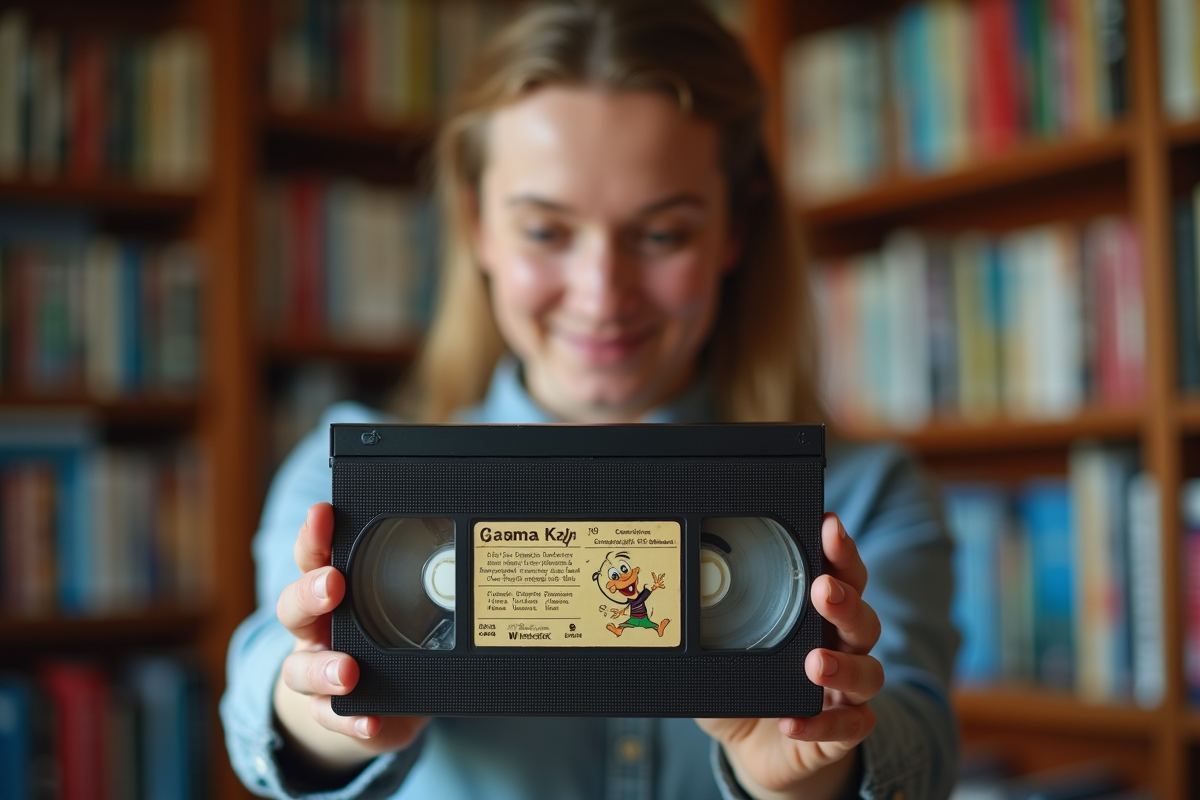 Adulte tenant une cassette VHS de dessin anime classique