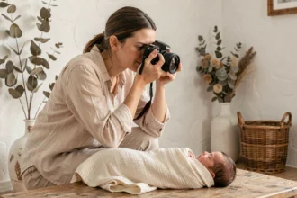 Photographe de naissance en Nouvelle-Aquitaine prenant en photo un nouveau-né dans un studio chaleureux