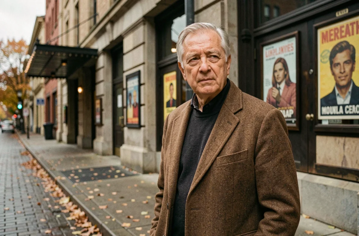 Portrait extérieur d'un célèbre parolier québécois devant un théâtre historique de Montréal en automne