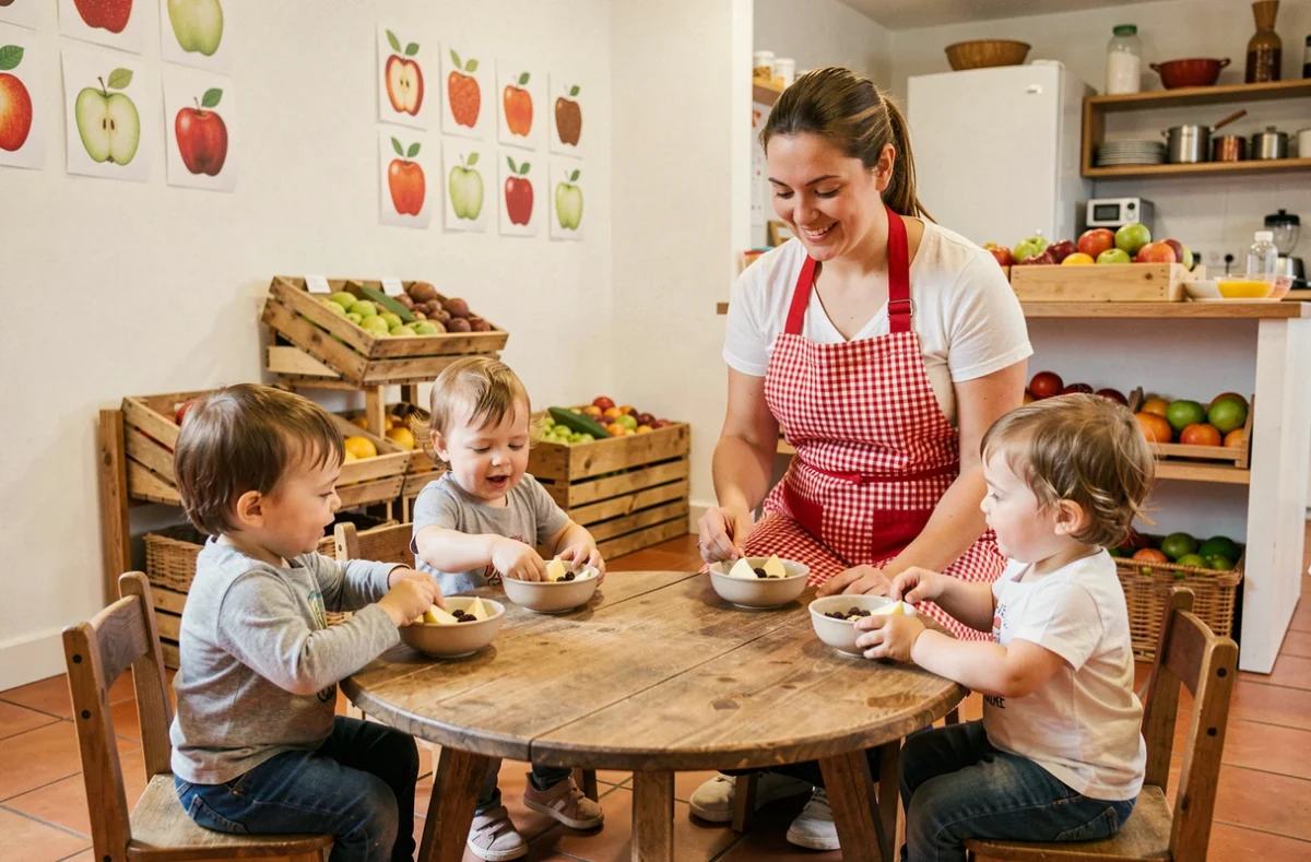 Moment de goûter à la micro-crèche Pomme d'Api dans le Nord avec des enfants autour d'une table ronde dégustant des tranches de pomme