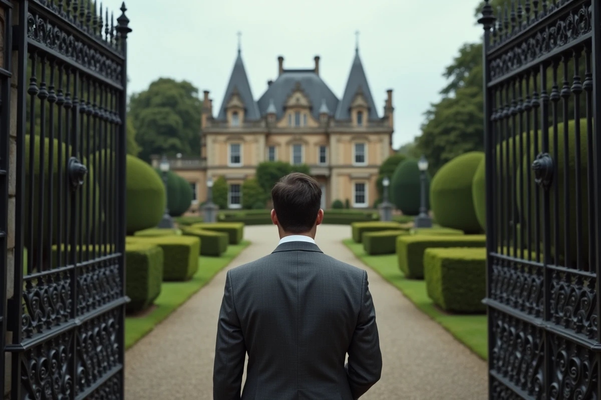 Homme en costume devant une grande porte de manoir mystérieux