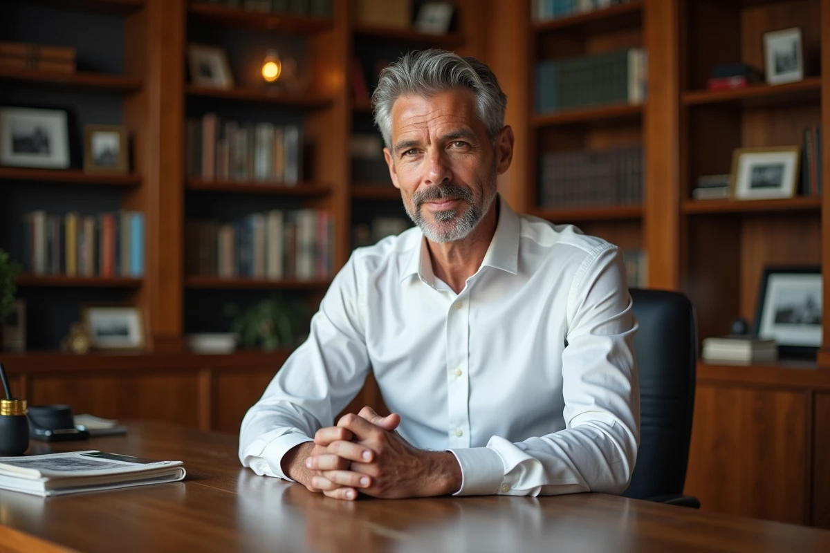 Portrait d'un homme distingué aux cheveux poivre et sel assis dans un bureau bibliothèque, évoquant l'identité discrète d'un conjoint de figure médiatique