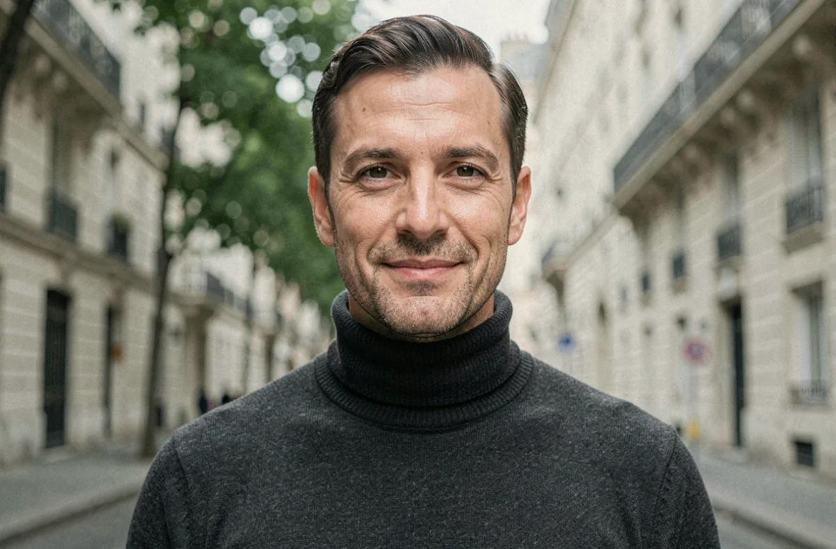 Portrait éditorial d'un homme élégant en col roulé anthracite dans une rue parisienne haussmannienne