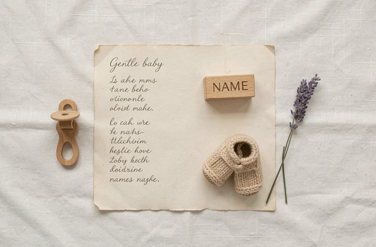 Flat lay d'objets doux pour bébé garçon à naître : liste de prénoms manuscrite, chaussons tricotés et jouets en bois naturel