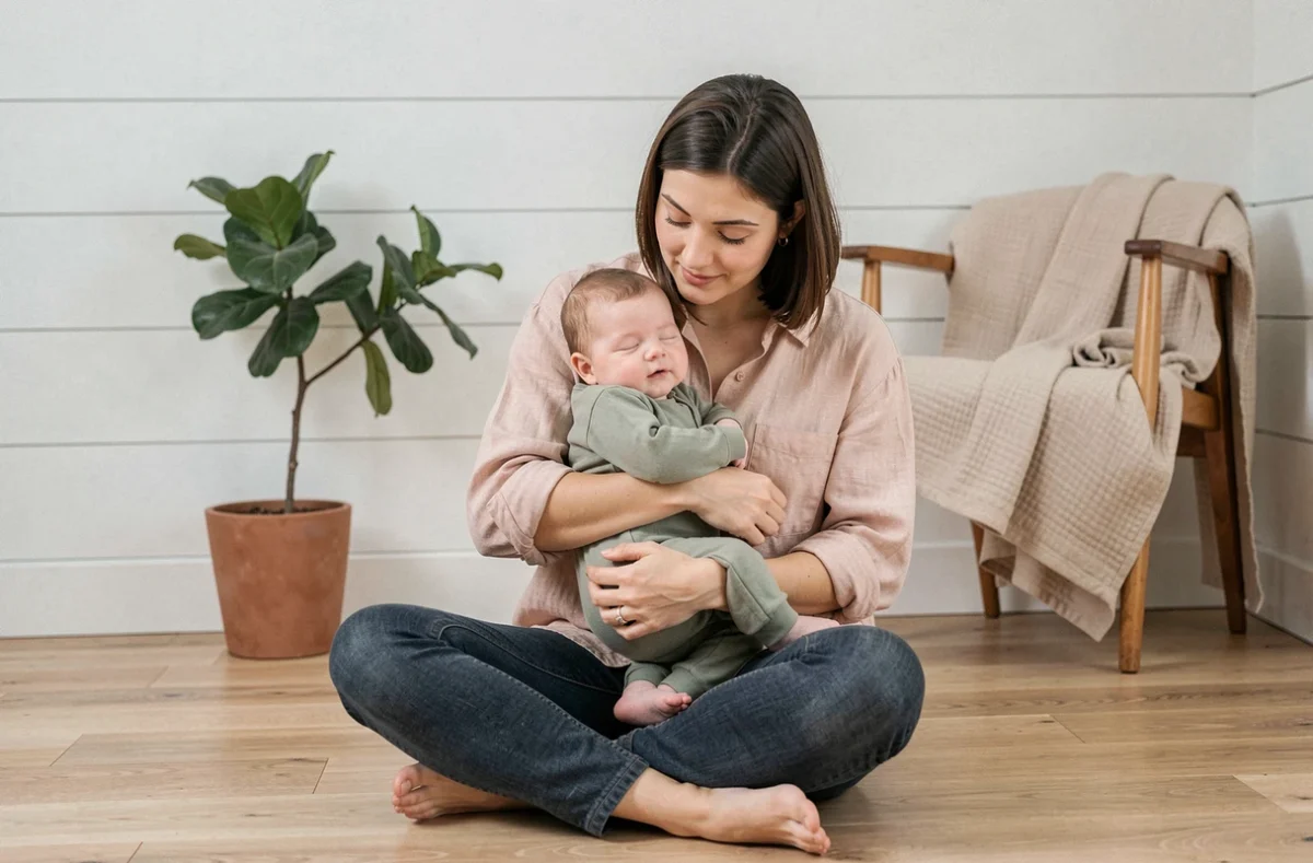 Jeune mère tenant tendrement son bébé garçon dans ses bras dans un salon scandinave épuré, atmosphère douce et sereine