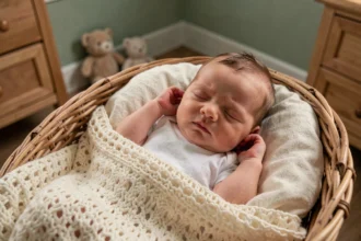 Nouveau-né garçon endormi paisiblement dans un panier en osier avec une couverture en tricot crème, ambiance douce et calme en nursery