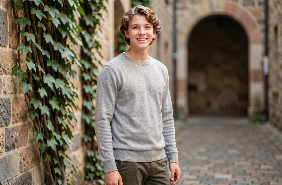 Adolescent au prénom Raphaël au sourire affirmé et au caractère expressif posant devant un mur en pierre dans une cour européenne