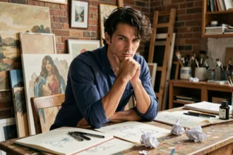 Jeune homme créatif et contemplatif prénommé Raphaël assis dans son atelier d'artiste entouré de carnets de croquis et de matériel artistique