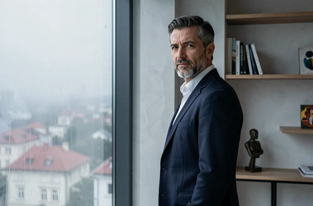 Homme adulte au tempérament affirmé portant le prénom Raphaël regardant vers l'objectif depuis un appartement moderne aux allures artistiques