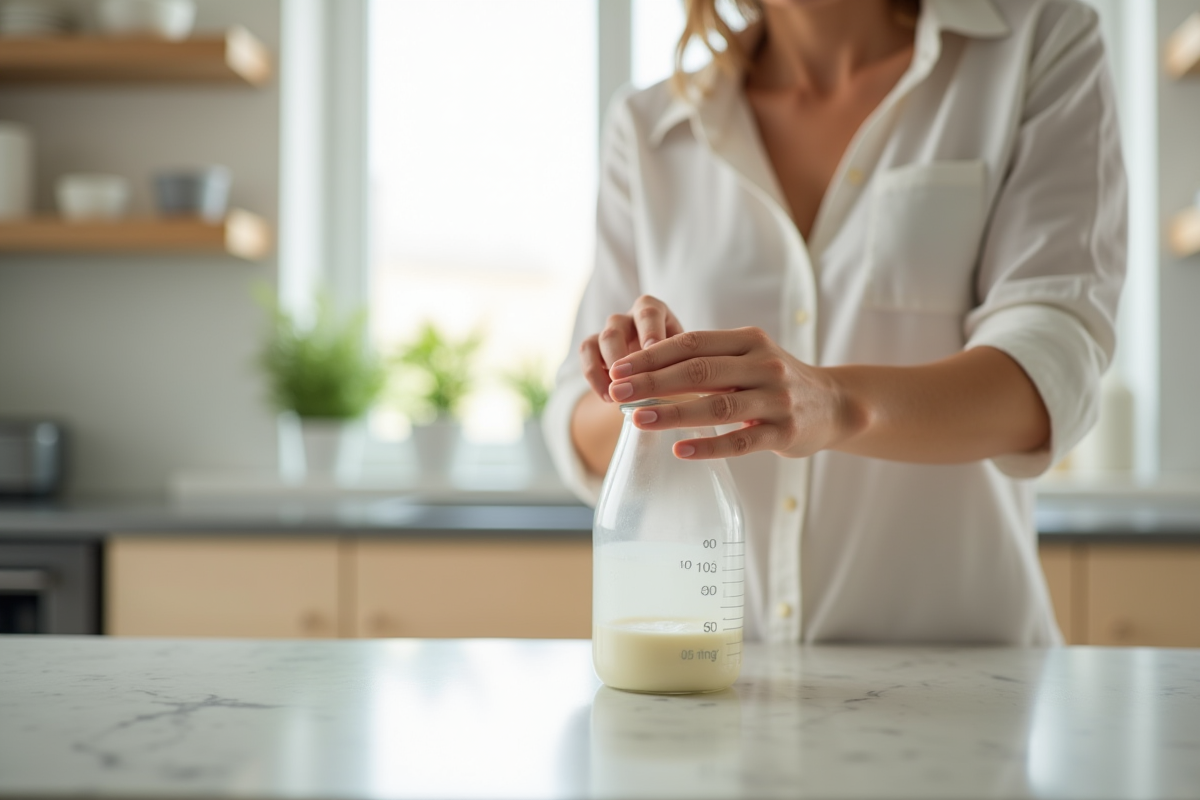 Mère versant du lait maternel dans une bouteille étiquetée dans une cuisine lumineuse
