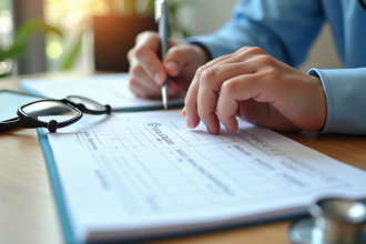 Gros plan de mains remplissant un carnet de santé français