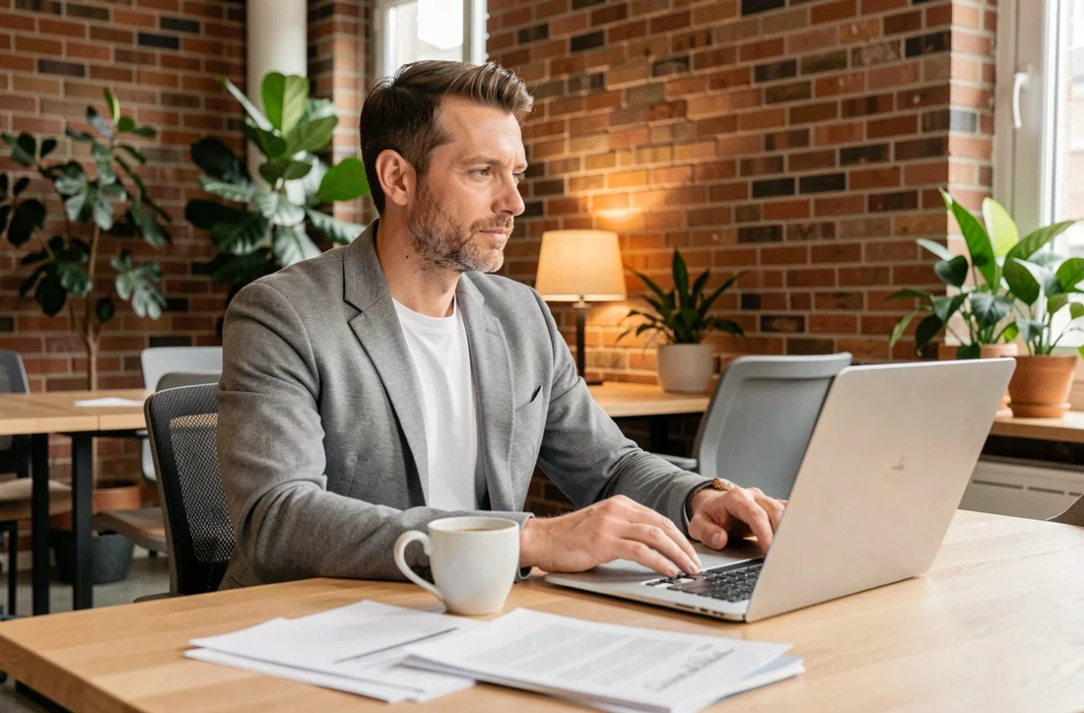 Homme professionnel en blazer gris travaillant dans un espace de coworking contemporain avec ordinateur portable