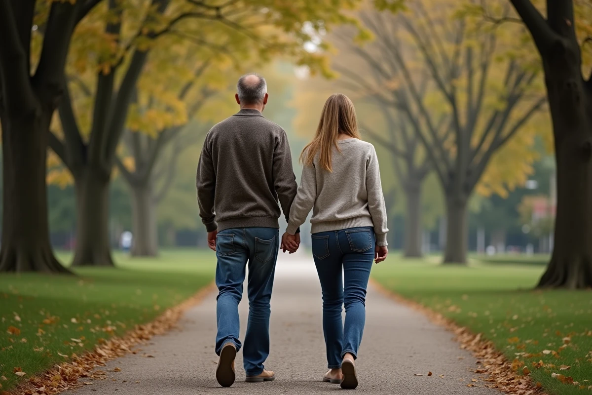Couple marchant dans un parc en automne avec arbres verts