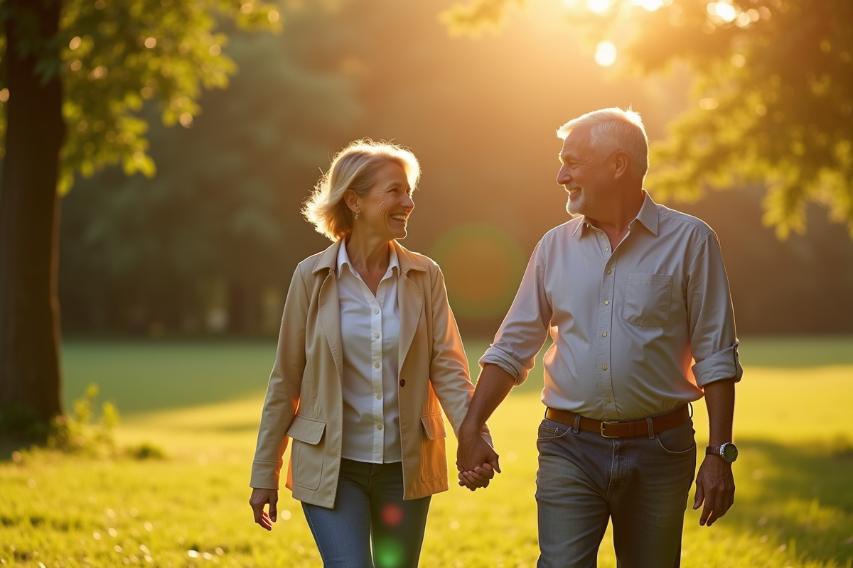 Couple marche dans un parc au coucher du soleil