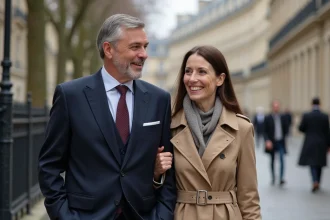 Homme en costume navy et femme en trench dans Paris