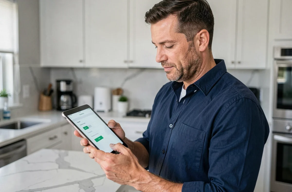 Homme consultant les paramètres de sécurité de son abonnement Orchestra sur une tablette dans sa cuisine