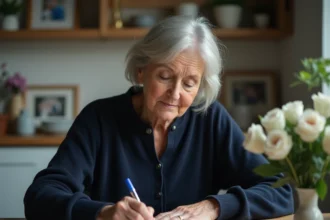 Femme écrivant une carte de condoléances manuscrite à une table en bois avec des fleurs blanches